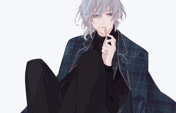 Anime picture 3504x2255 with idolish 7 yotsuba tamaki can (doubledis) single long hair fringe highres blue eyes simple background hair between eyes sitting looking away absurdres grey hair clothes on shoulders food on face boy food