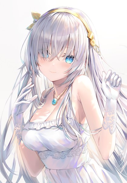 Anime picture 1101x1576 with fate (series) fate/grand order anastasia (fate) rin yuu single long hair tall image looking at viewer blush fringe breasts blue eyes simple background smile large breasts bare shoulders payot cleavage upper body white hair