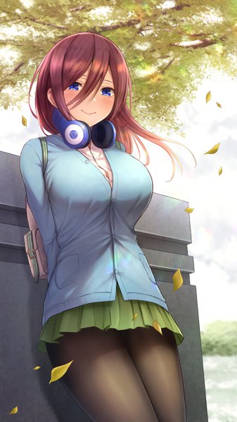 Anime picture 1350x2400 with go-toubun no hanayome nakano miku kannko bokujou single long hair tall image looking at viewer blush fringe breasts blue eyes smile hair between eyes brown hair large breasts standing sky cloud (clouds) outdoors pleated skirt