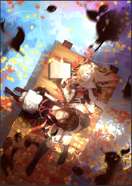 Anime picture 712x1006 with kantai collection shigure destroyer yuudachi destroyer level x long hair tall image blush open mouth blonde hair brown hair multiple girls holding lying eyes closed from above bare belly on back no shoes side braid sleeping