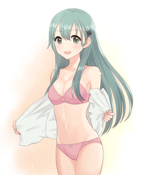 Anime picture 680x840 with kantai collection suzuya heavy cruiser t-nyanko single long hair tall image looking at viewer blush fringe breasts open mouth light erotic simple background hair between eyes standing white background green eyes cleavage aqua hair teeth