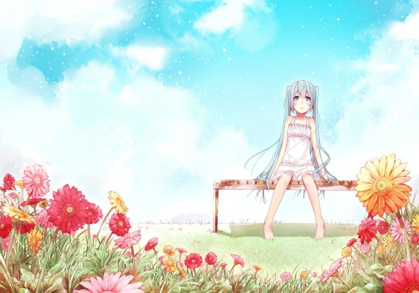 Anime picture 1374x964 with vocaloid hatsune miku eida@renshuuchuu single long hair twintails cloud (clouds) aqua eyes aqua hair girl flower (flowers) sundress bench