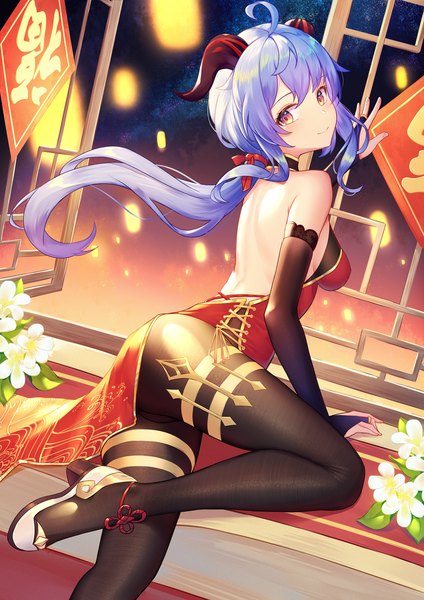 Anime picture 1240x1754 with genshin impact ganyu (genshin impact) airool single long hair tall image looking at viewer blush fringe breasts light erotic smile hair between eyes purple eyes payot blue hair ahoge bent knee (knees) ass indoors