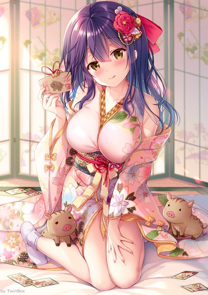 Anime picture 1061x1500 with original nanami yuuno sousouman single long hair tall image looking at viewer blush fringe breasts light erotic hair between eyes sitting bare shoulders signed yellow eyes payot purple hair full body traditional clothes