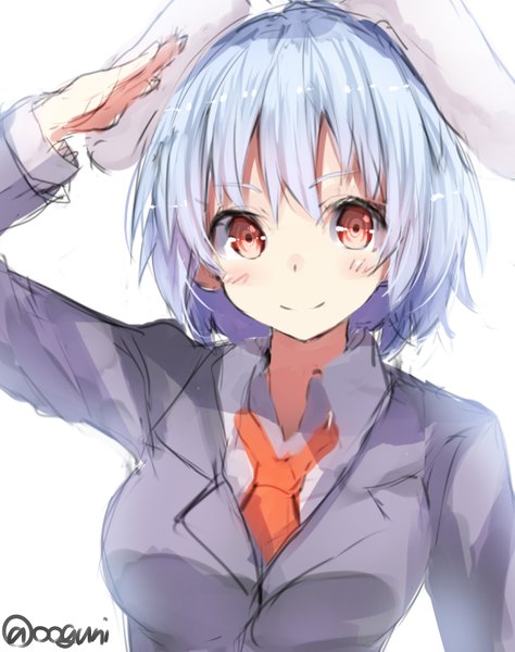 Anime picture 857x1085 with touhou reisen wowoguni single tall image blush fringe short hair simple background smile white background signed animal ears blue hair looking away bunny ears bunny girl salute girl necktie