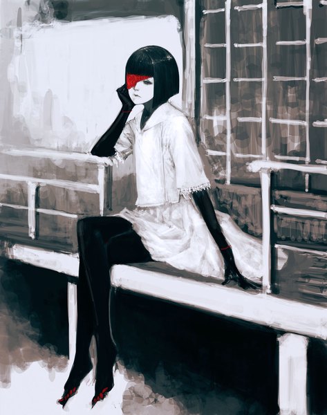 Anime picture 1183x1500 with original ikeda masateru single tall image looking at viewer short hair black hair sitting monochrome girl dress white dress eyepatch house