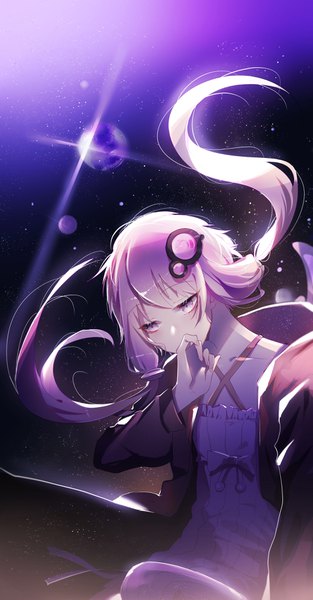 Anime picture 2000x3826 with vocaloid voiceroid yuzuki yukari zhibuji loom single long hair tall image highres purple eyes twintails purple hair open jacket low twintails looking down covered mouth hand to mouth girl jacket hairclip hair tubes