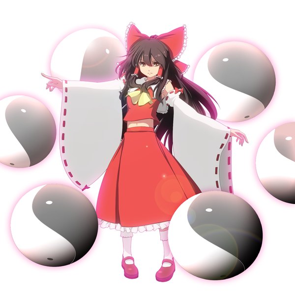Anime picture 1800x1800 with touhou hakurei reimu kugi (kugi-xiv) single long hair looking at viewer fringe highres simple background brown hair white background brown eyes traditional clothes japanese clothes bare belly spread arms miko yin yang girl skirt