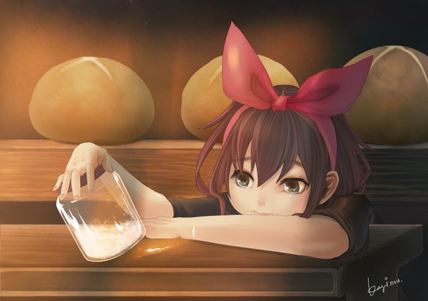 Anime picture 1600x1126 with kiki's delivery service studio ghibli kiki kayei nou single brown hair brown eyes signed witch sad girl bow hair bow food bottle bread