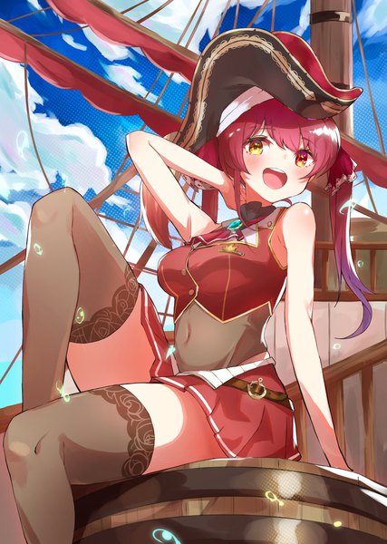 Anime picture 2508x3523 with virtual youtuber hololive houshou marine houshou marine (1st costume) furuki ayaginutaira single long hair tall image blush highres open mouth sitting twintails sky cloud (clouds) red hair :d arm support heterochromia covered navel