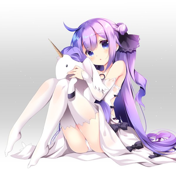 Anime picture 800x769 with azur lane unicorn (azur lane) nanamomo rio single looking at viewer blush blue eyes light erotic purple eyes bare shoulders full body ahoge very long hair pantyshot no shoes one side up gradient background pantyshot sitting cute girl