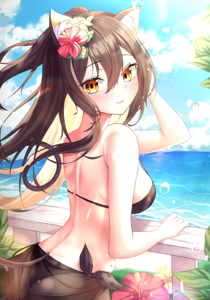 Anime picture 2099x3000 with original ttopang single long hair tall image looking at viewer blush fringe highres breasts light erotic smile hair between eyes brown hair large breasts standing bare shoulders animal ears yellow eyes sky