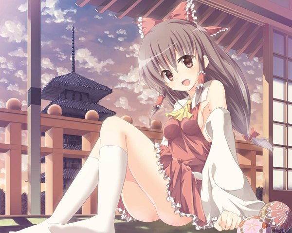 Anime picture 1084x865 with touhou hakurei reimu francis (ohne) single long hair open mouth light erotic black hair sitting brown eyes sky cloud (clouds) miko girl bow hair bow detached sleeves socks white socks