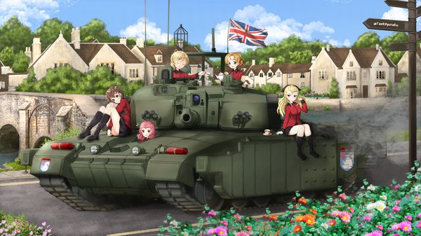 Anime picture 4400x2476 with girls und panzer darjeeling (girls und panzer) orange pekoe assam rosehip (girls und panzer) rukuriri tank ryosaku long hair looking at viewer blush fringe highres short hair open mouth blue eyes light erotic blonde hair smile brown hair wide image