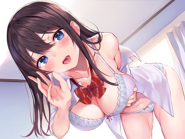 Anime picture 2400x1800 with original nagiha kuten single long hair looking at viewer blush fringe highres breasts open mouth blue eyes light erotic smile hair between eyes brown hair large breasts standing payot cleavage indoors