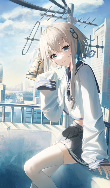 Anime picture 1924x3268 with genshin impact guizhong (genshin impact) flippy (cripine111) single tall image looking at viewer fringe highres short hair blue eyes hair between eyes sitting sky silver hair cloud (clouds) long sleeves alternate costume girl thighhighs uniform