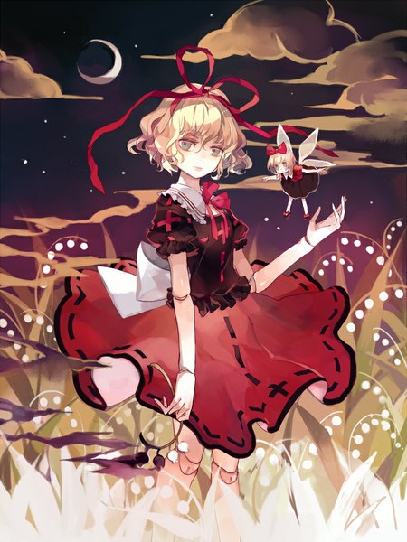 Anime picture 780x1040 with touhou medicine melancholy su-san clea single tall image looking at viewer short hair blonde hair green eyes night flying crescent doll joints girl skirt flower (flowers) bow ribbon (ribbons) plant (plants)