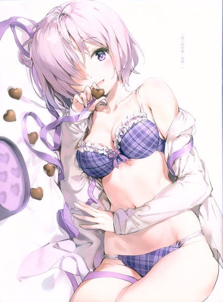Anime picture 4938x6679 with fate (series) fate/grand order mash kyrielight anmi single tall image looking at viewer blush fringe highres short hair breasts open mouth light erotic simple background white background purple eyes bare shoulders absurdres cleavage