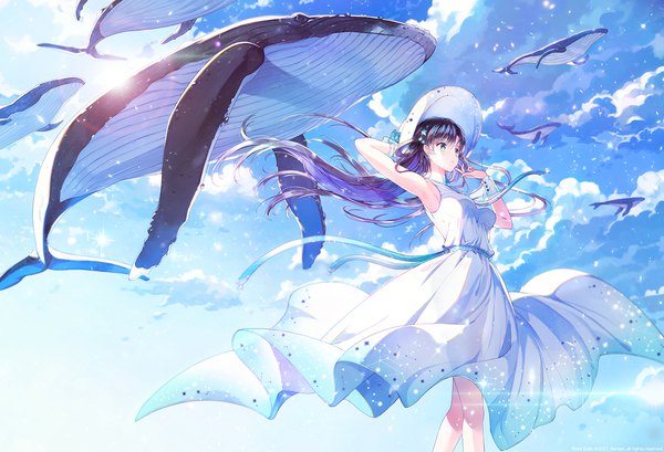 Anime picture 1500x1023 with original rednian single long hair fringe black hair standing looking away sky cloud (clouds) blunt bangs aqua eyes wind sunlight arms up armpit (armpits) sleeveless arm behind head summer starry sky print