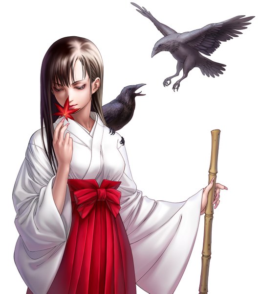 Anime picture 1456x1653 with original eclosion long hair tall image simple background brown hair white background traditional clothes japanese clothes fingernails black eyes long fingernails miko girl animal bird (birds) leaf (leaves) broom hakama crow