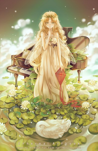 Anime picture 784x1200 with original instockee single long hair tall image looking at viewer blonde hair yellow eyes inscription finger to mouth wavy hair insect wings girl dress flower (flowers) animal wings white dress bird (birds) wreath