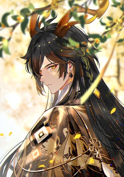Anime picture 789x1120 with genshin impact zhongli (genshin impact) qing single long hair tall image looking at viewer black hair yellow eyes upper body ahoge braid (braids) profile horn (horns) turning head side braid expressionless boy earrings branch