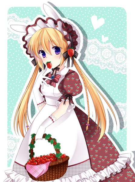 Anime picture 1200x1612 with original agekichi (heart shape) single long hair tall image blush blonde hair purple eyes eating girl dress gloves food white gloves bonnet berry (berries) strawberry basket