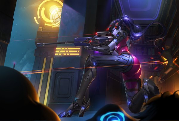 Anime picture 4000x2709 with overwatch blizzard entertainment widowmaker (overwatch) tracer (overwatch) renyu1012 long hair highres short hair breasts light erotic multiple girls holding yellow eyes looking away absurdres purple hair bent knee (knees) ass ponytail lying