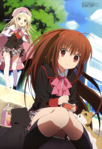 Anime picture 4085x5921 with little busters! key (studio) megami magazine noumi kudryavka natsume rin iizuka haruko long hair tall image highres open mouth blue eyes red eyes brown hair multiple girls absurdres white hair official art girl thighhighs skirt