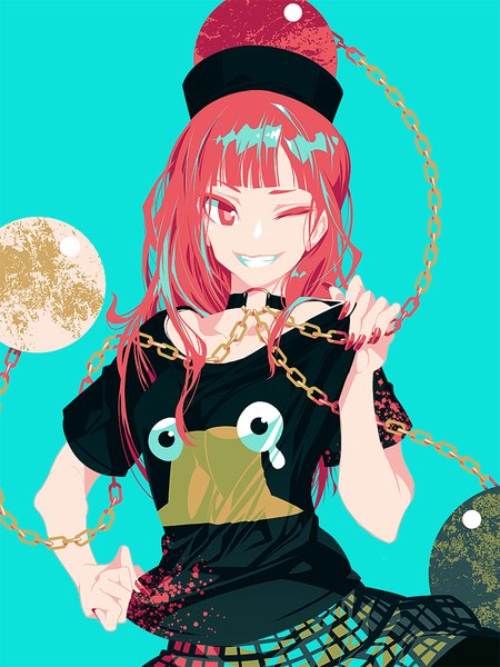 Anime picture 750x1000 with touhou hecatia lapislazuli pyonta zounose single long hair tall image fringe simple background smile red eyes upper body red hair blunt bangs nail polish one eye closed fingernails wink grin long fingernails