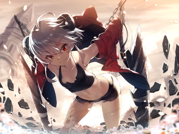 Anime picture 1280x960 with original yuuji (yukimimi) single looking at viewer fringe short hair smile hair between eyes red eyes bare shoulders holding payot silver hair ahoge horn (horns) leaning leaning forward torn clothes flat chest dual wielding