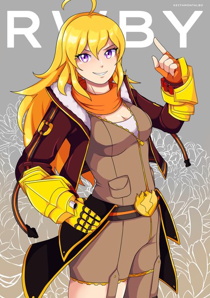 Anime picture 2480x3508 with rwby rooster teeth yang xiao long ravenide single long hair tall image looking at viewer highres breasts simple background blonde hair smile purple eyes signed ahoge parted lips grey background open jacket copyright name