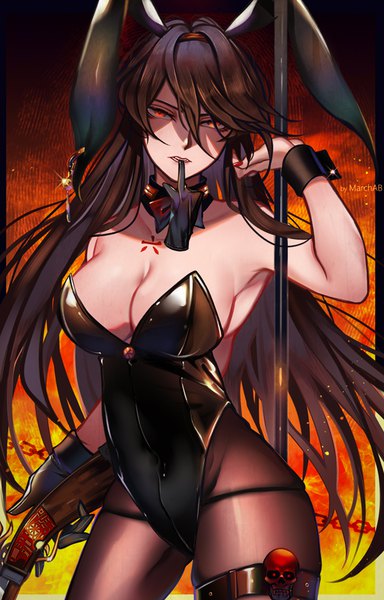 Anime picture 551x860 with fate (series) fate/grand order koha-ace oda nobunaga (fate) (all) oda nobunaga (fate) marchab 66 single long hair tall image looking at viewer fringe breasts light erotic simple background hair between eyes red eyes brown hair large breasts standing bare shoulders
