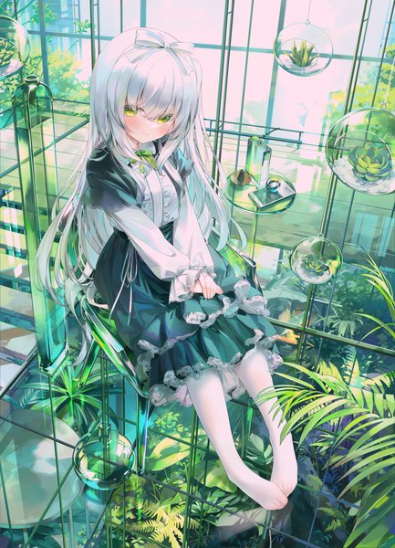 Anime picture 3583x4961 with original chen bin single long hair tall image looking at viewer blush fringe highres hair between eyes sitting green eyes absurdres silver hair full body indoors long sleeves from above no shoes girl