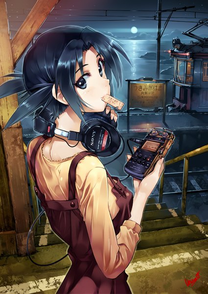 Anime picture 702x992 with original vania600 single tall image short hair blue eyes black hair holding looking back night mouth hold girl dress headphones moon train
