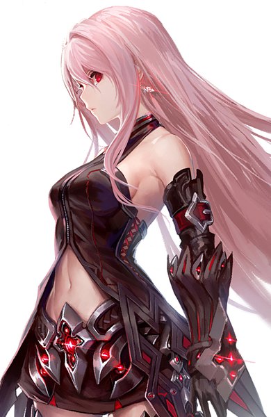 Anime picture 612x942 with original luen kulo single long hair tall image looking at viewer fringe breasts simple background hair between eyes red eyes standing white background bare shoulders payot pink hair floating hair girl gloves navel