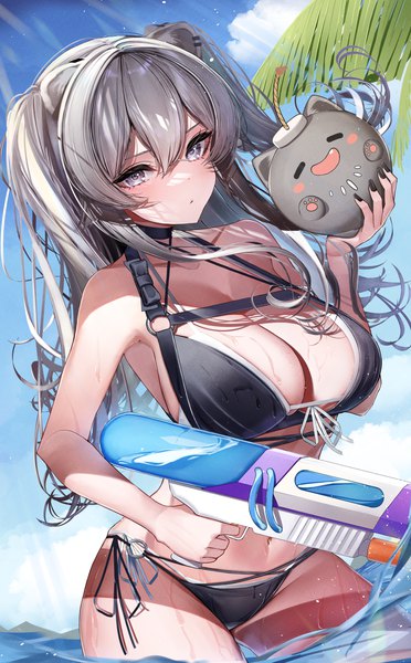 Anime picture 2171x3506 with virtual youtuber hololive shishiro botan ssrb (shishiro botan) lamium (artist) single long hair tall image looking at viewer fringe highres breasts light erotic hair between eyes large breasts standing holding animal ears sky cloud (clouds)