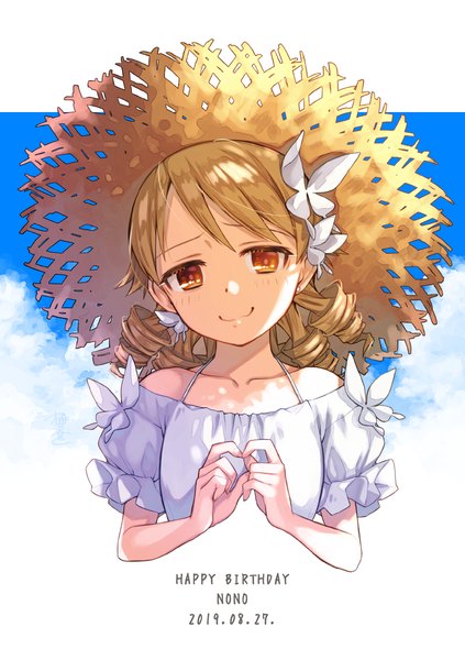 Anime picture 986x1400 with idolmaster idolmaster cinderella girls morikubo nono okeno kamoku single tall image looking at viewer short hair smile brown hair bare shoulders sky cloud (clouds) upper body orange eyes character names drill hair dated happy birthday girl