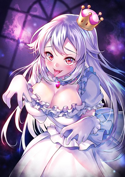 Anime picture 800x1132 with super mario bros. new super mario bros. u deluxe princess king boo p@nda single long hair tall image blush breasts light erotic large breasts looking away cleavage silver hair from above teeth sharp teeth girl dress gloves