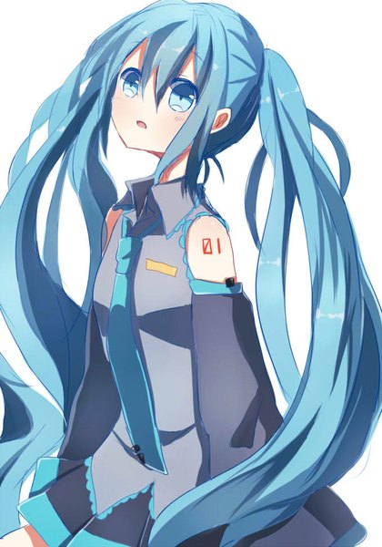 Anime picture 679x969 with vocaloid hatsune miku asanagi kurumi (panda-doufu) single long hair tall image blush fringe open mouth blue eyes simple background hair between eyes white background sitting twintails bare shoulders payot blue hair looking up surprised