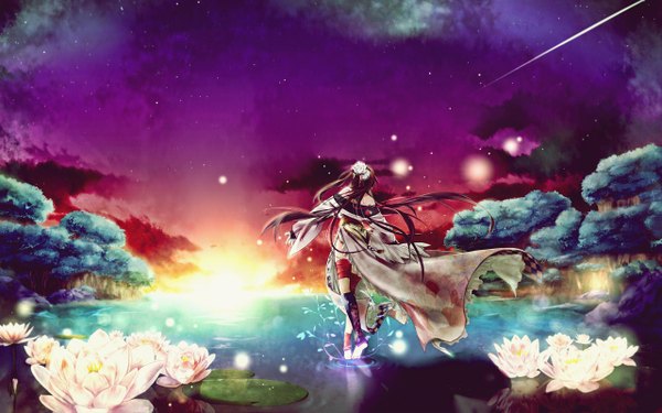 Anime picture 2560x1600 with original tagme (artist) single long hair highres brown hair wide image bare shoulders sky cloud (clouds) very long hair barefoot hair flower wind from behind sunlight tattoo spread arms shooting star morning