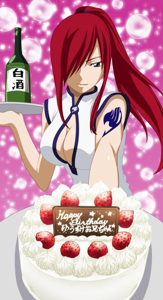 Anime picture 1253x2293 with fairy tail erza scarlet x-ray99 single long hair tall image fringe breasts smile brown eyes ponytail red hair hair over one eye tattoo sleeveless coloring happy birthday girl food sweets