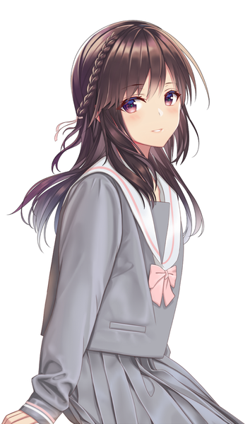 Anime picture 710x1203 with original r3d single long hair tall image looking at viewer blush fringe simple background smile hair between eyes brown hair white background sitting brown eyes payot braid (braids) long sleeves pleated skirt looking back