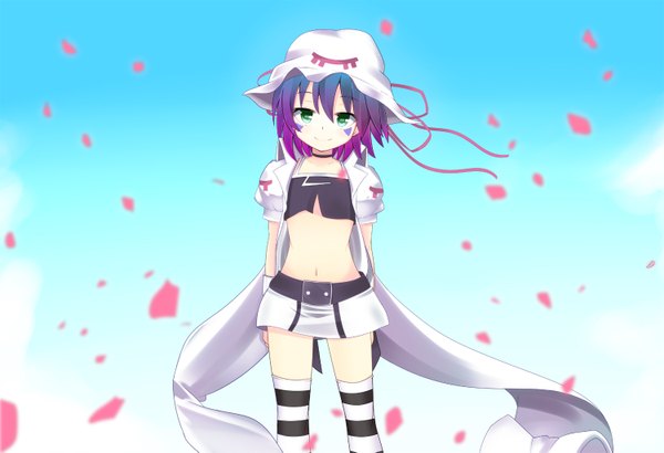 Anime picture 1500x1025 with yumekui merry merry nightmare evangelline (aartist) single short hair green eyes purple hair midriff girl thighhighs navel hat petals striped thighhighs