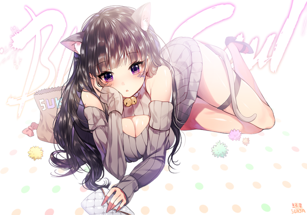 Anime picture 1000x700 with original sorolp long hair looking at viewer light erotic black hair white background purple eyes signed animal ears tail animal tail cat ears cat girl cat tail girl detached sleeves turtleneck open-chest turtleneck