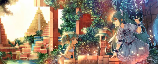 Anime picture 1944x791 with vocaloid hatsune miku windforcelan 33 (mkiiiiii) long hair fringe highres wide image twintails multiple girls aqua eyes aqua hair scenic girl dress hair ornament ribbon (ribbons) 2 girls plant (plants) hair ribbon