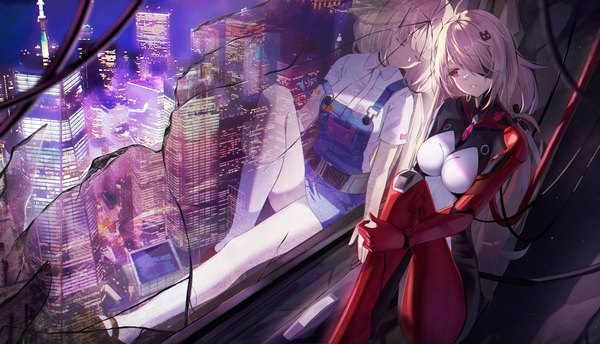 Anime picture 3500x2004 with tower of fantasy nemesis (tower of fantasy) hyonee long hair fringe highres breasts red eyes wide image sitting looking away pink hair absurdres bent knee (knees) parted lips from above hair over one eye city reflection cityscape