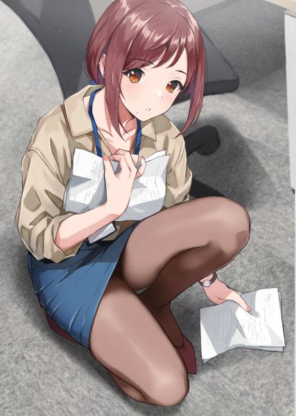 Anime picture 859x1208 with original doushimasho single tall image looking at viewer blush fringe short hair red eyes holding red hair indoors long sleeves parted lips from above mole shadow kneeling mole under mouth twisty sleeves