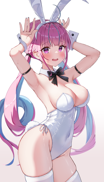 Anime picture 3311x5783 with virtual youtuber hololive minato aqua tobidasu00 single long hair tall image looking at viewer blush fringe highres breasts open mouth light erotic simple background large breasts white background purple eyes twintails animal ears