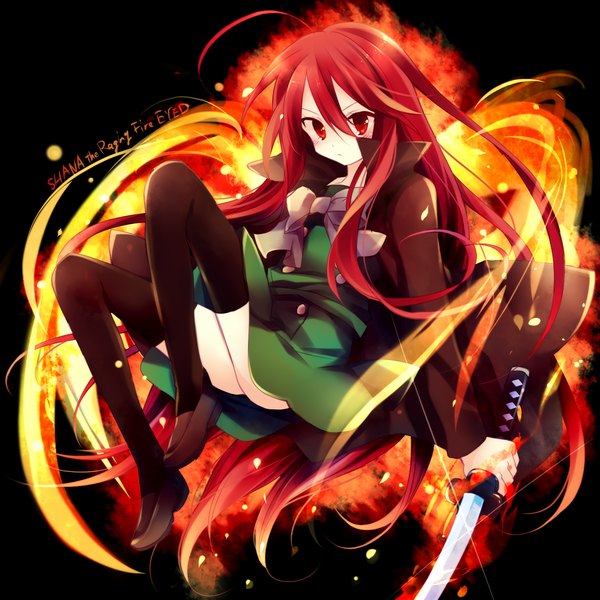 Anime picture 1500x1500 with shakugan no shana j.c. staff shana ibara riato single long hair blush light erotic simple background red eyes ahoge red hair black background girl thighhighs dress black thighhighs sword katana cloak